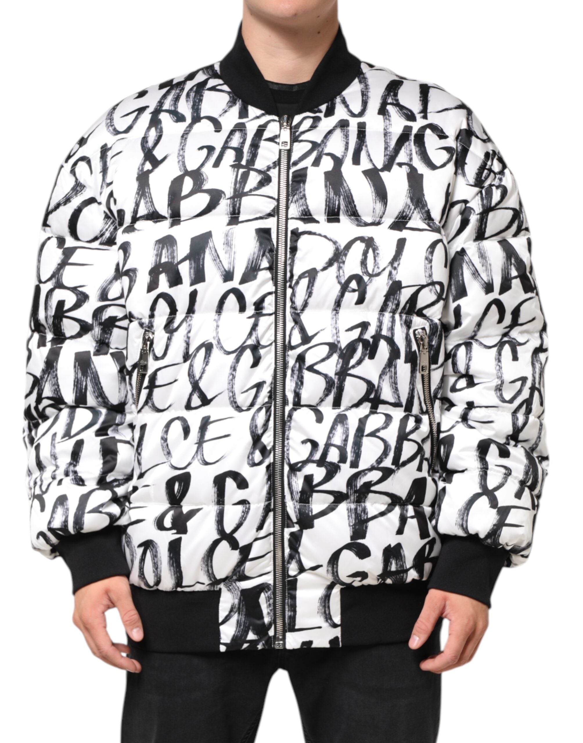Hvit Svart Graffiti Logo Puffer Bomberjakke