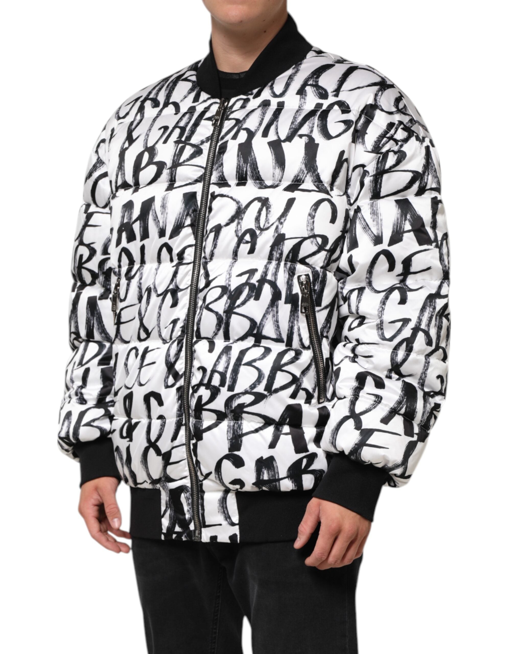 Hvit Svart Graffiti Logo Puffer Bomberjakke