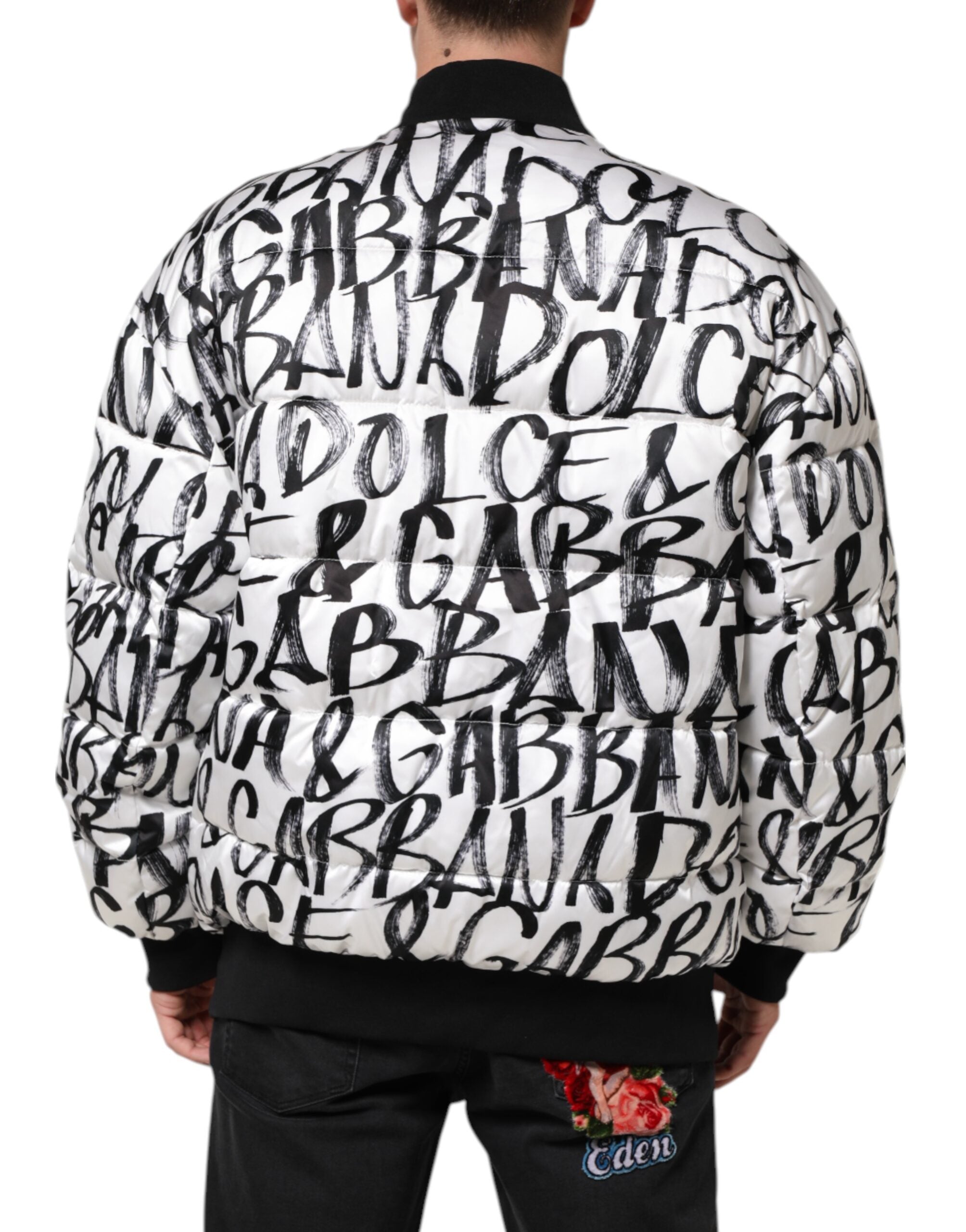 Hvit Svart Graffiti Logo Puffer Bomberjakke