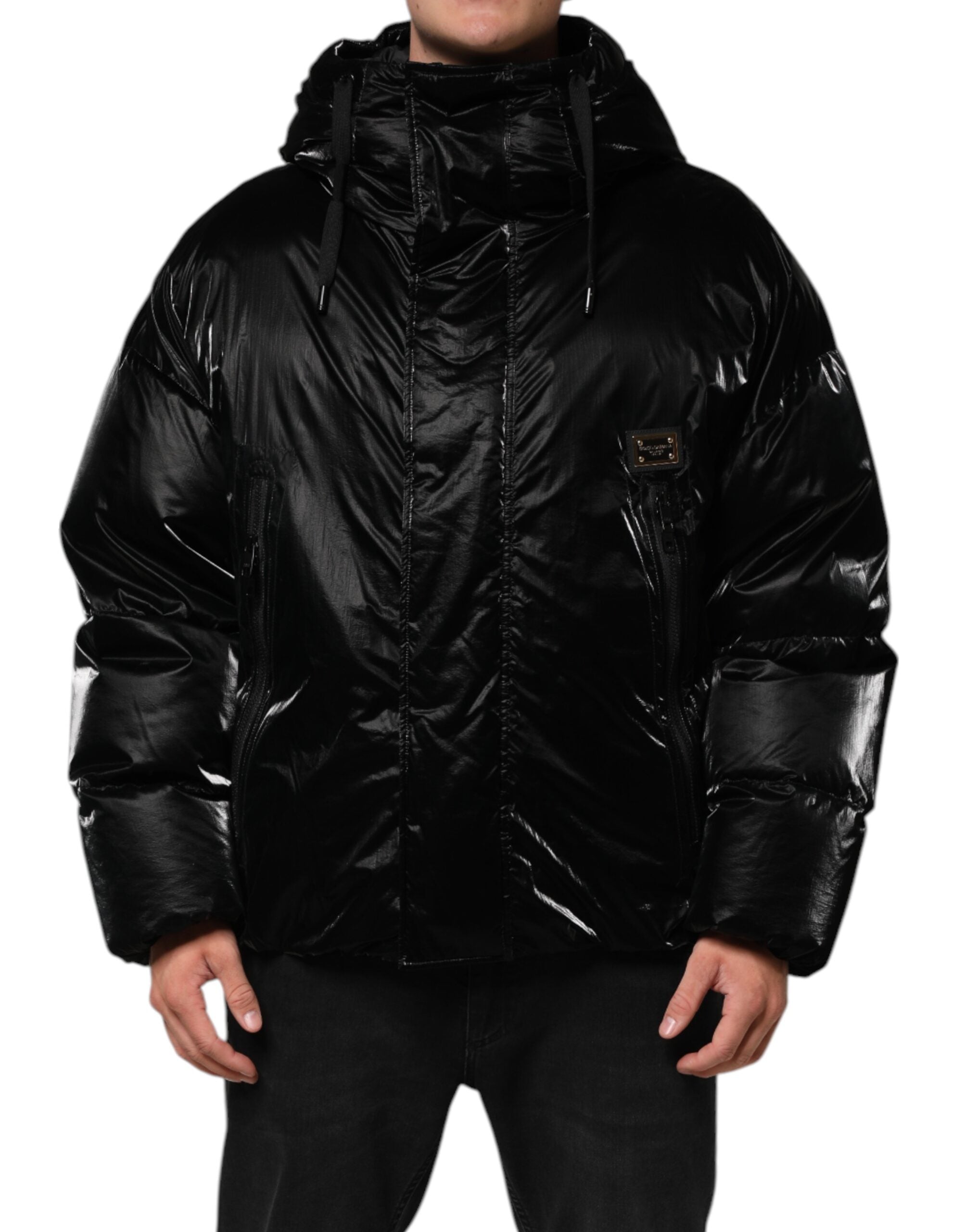 Svart Logo Full Zip Hooded Quilted Jakke