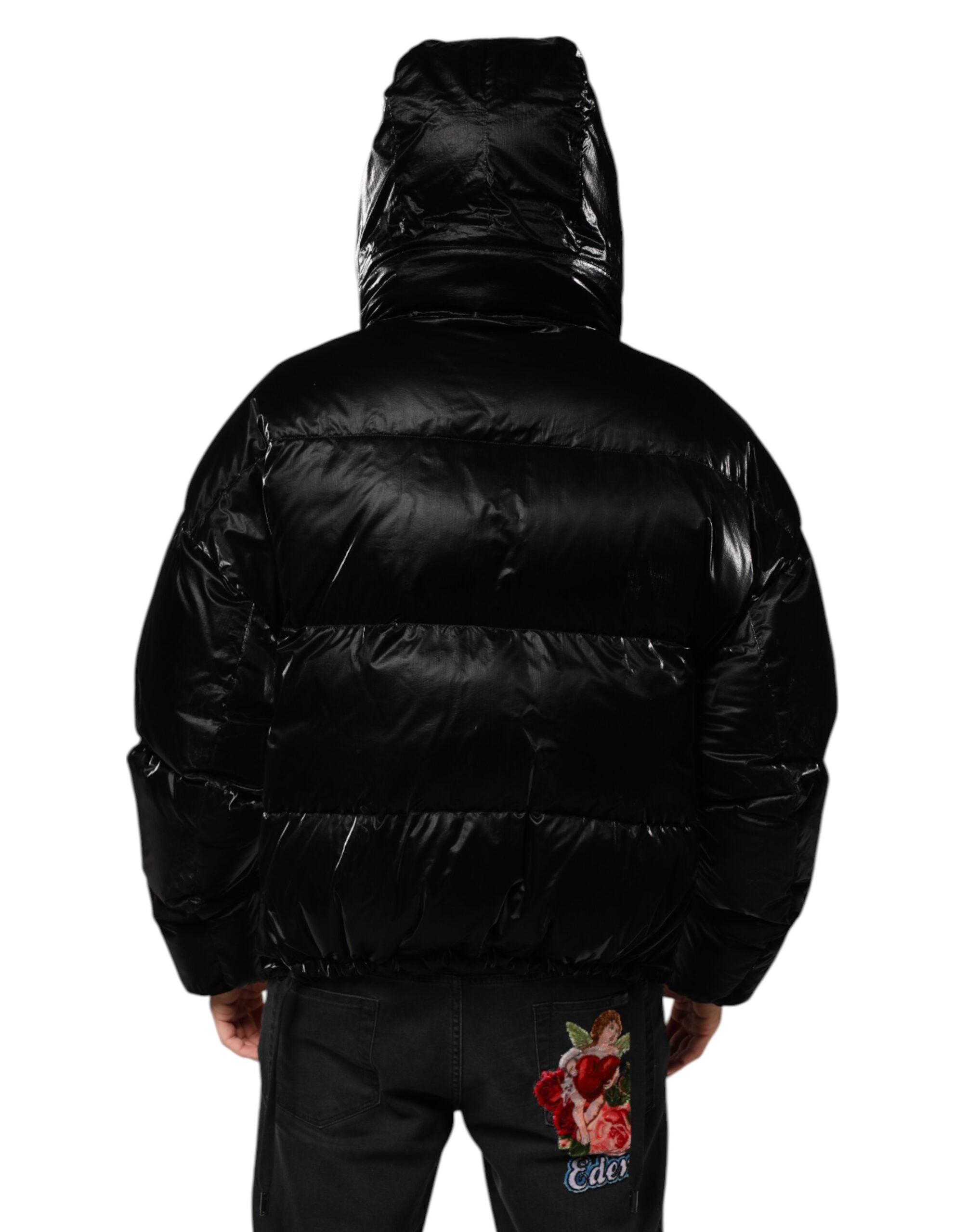 Svart Logo Full Zip Hooded Quilted Jakke
