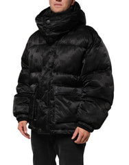 Dolce & Gabbana Black Monogram Logo Puffer Nylon Hooded Jacket