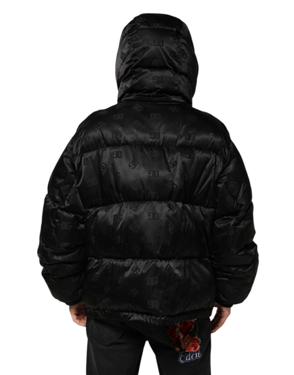 Svart monogram-logo puffer nylon hettejakke