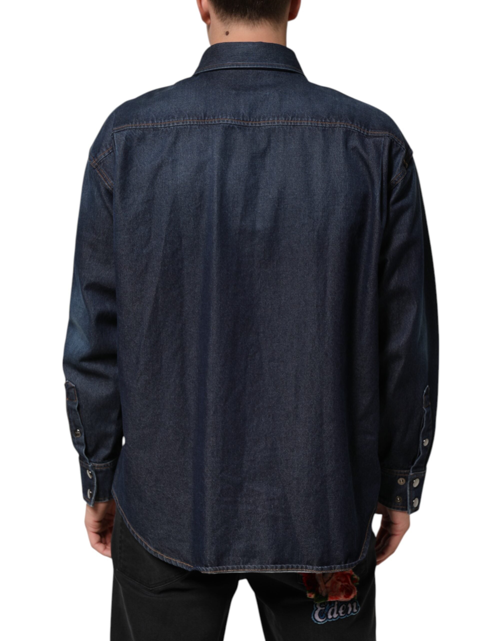 Dolce & Gabbana Blue Denim Button Casual Logo Patch Men Shirt