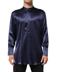 Dolce & Gabbana Navy Silk Long Sleeve Mandarin Collar Shirt
