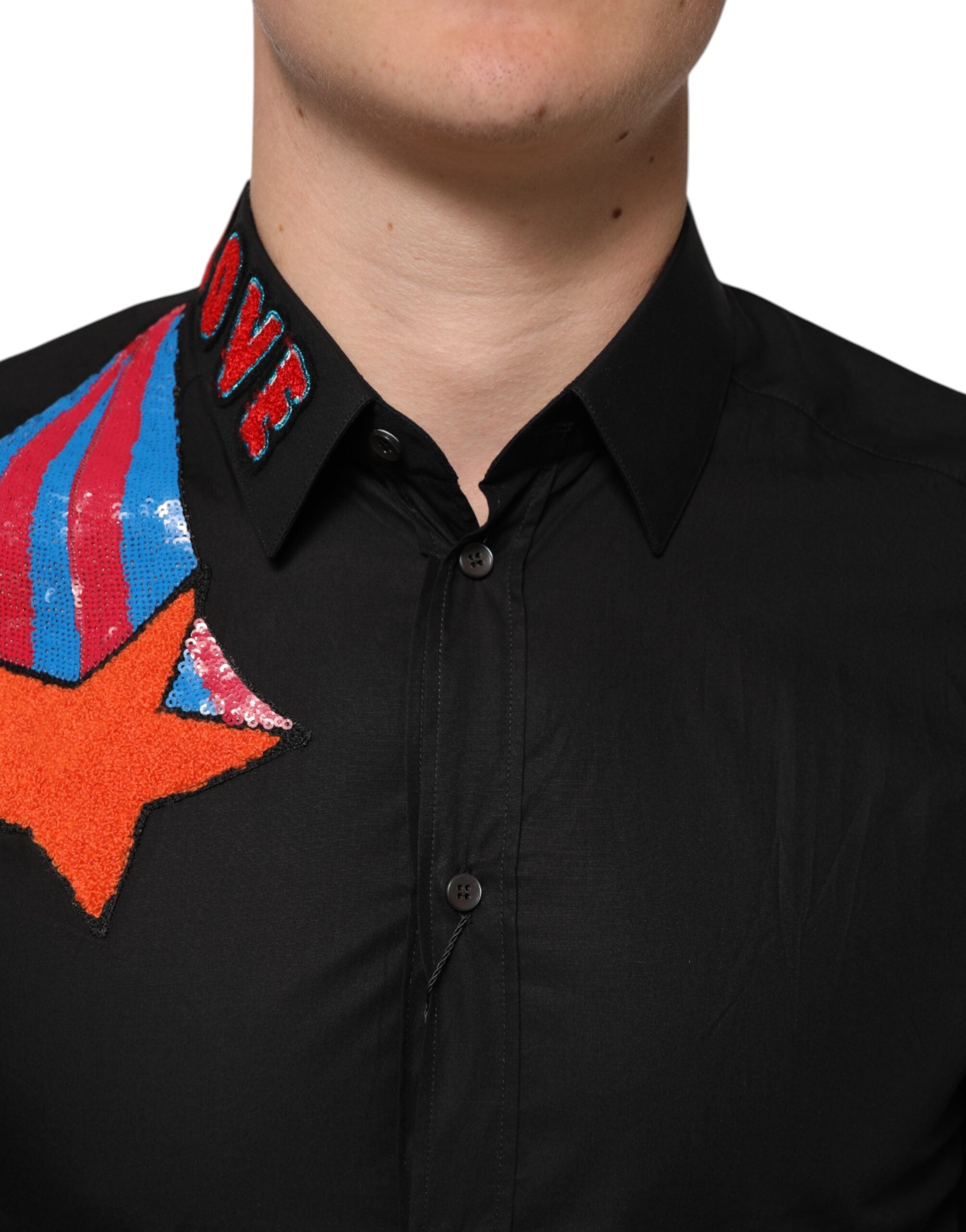 Dolce & Gabbana Black Cotton Star Sequin Dress Formal Men Shirt