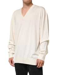 Dolce & Gabbana Ivory Virgin Wool Men V-Neck Knit Sweater