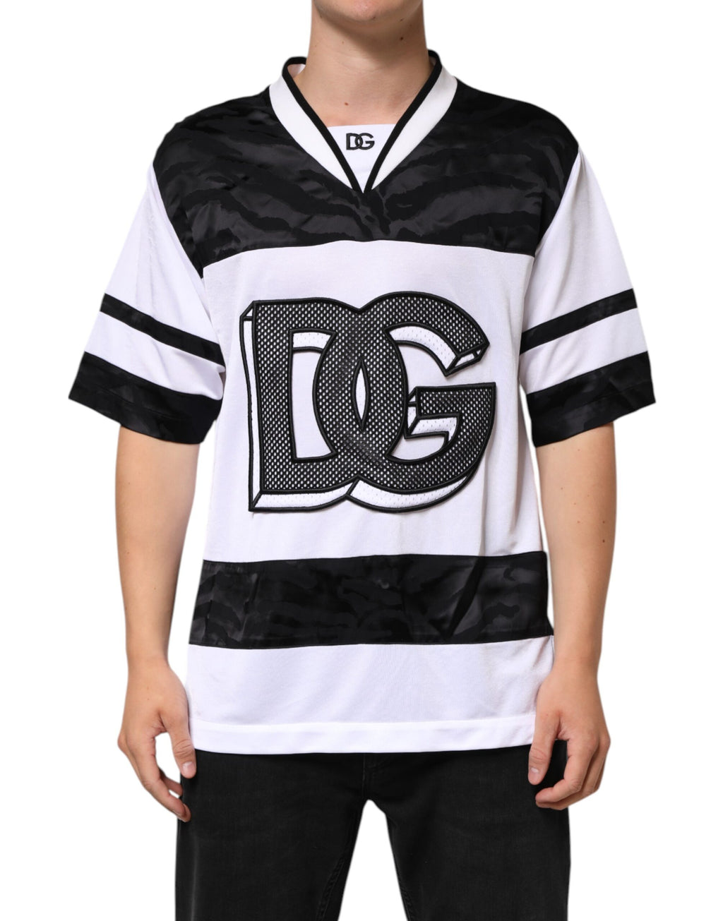 Hvit svart polyester DG Logo Mesh Jersey T-skjorte