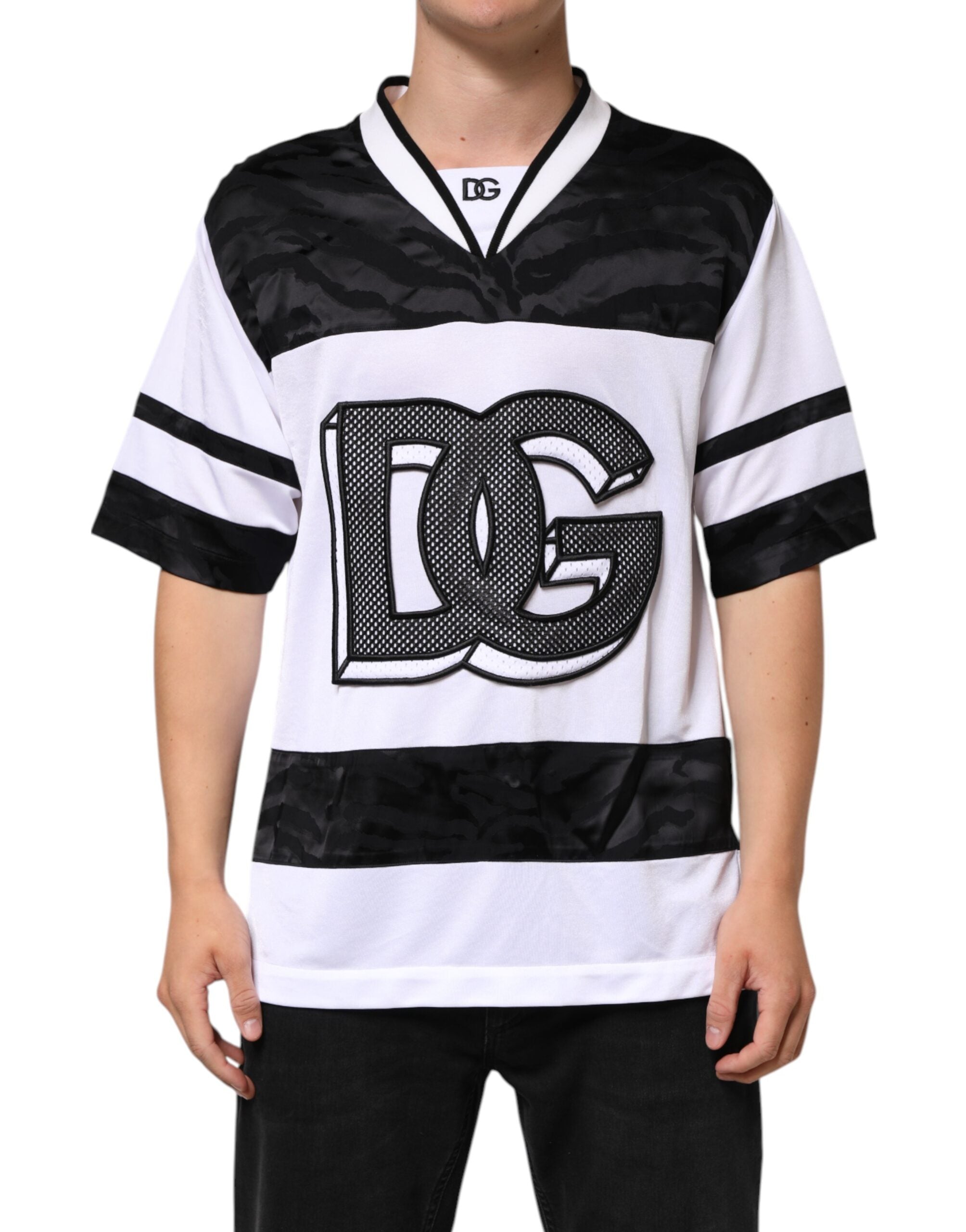 Hvit svart polyester DG Logo Mesh Jersey T-skjorte