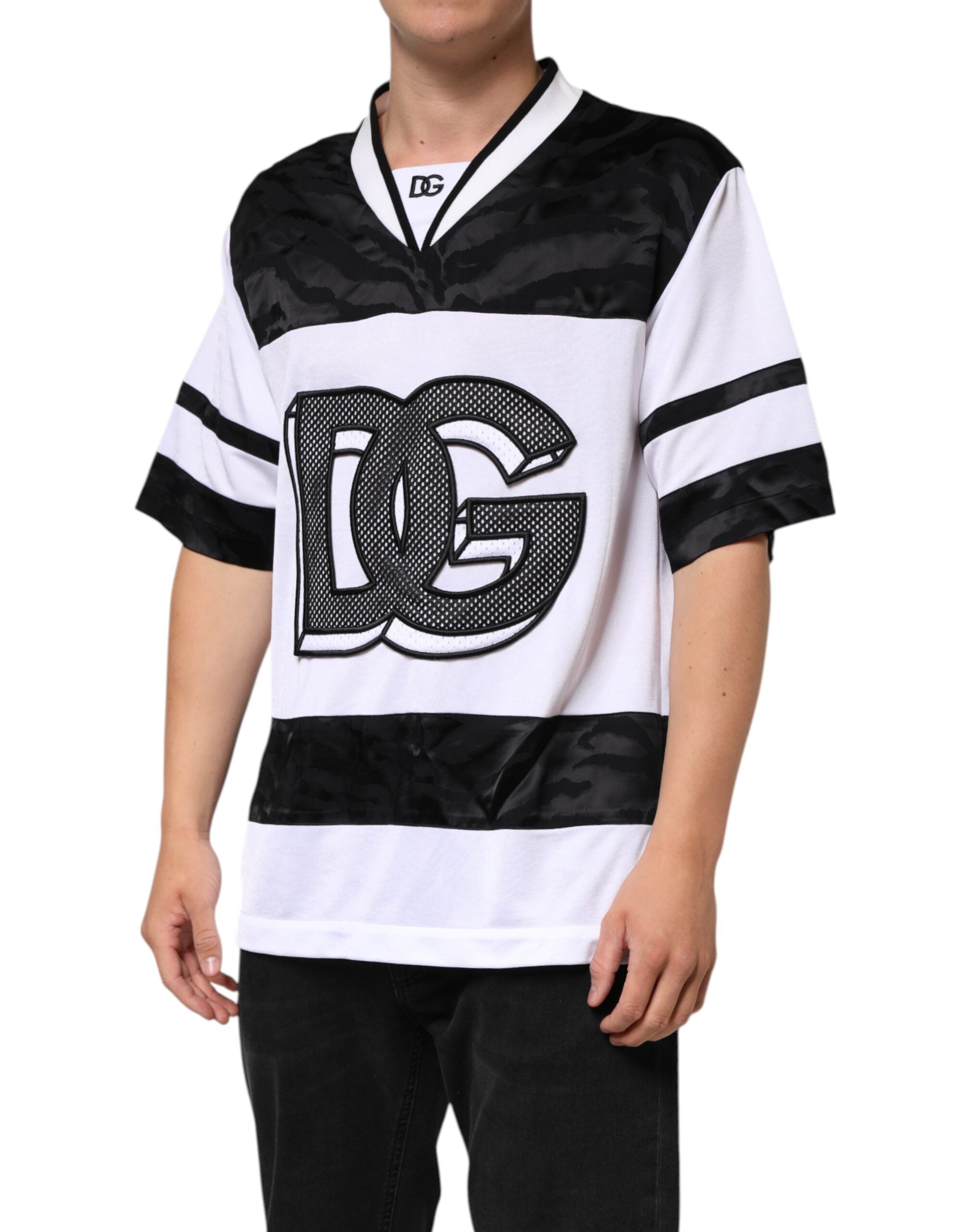 Hvit svart polyester DG Logo Mesh Jersey T-skjorte