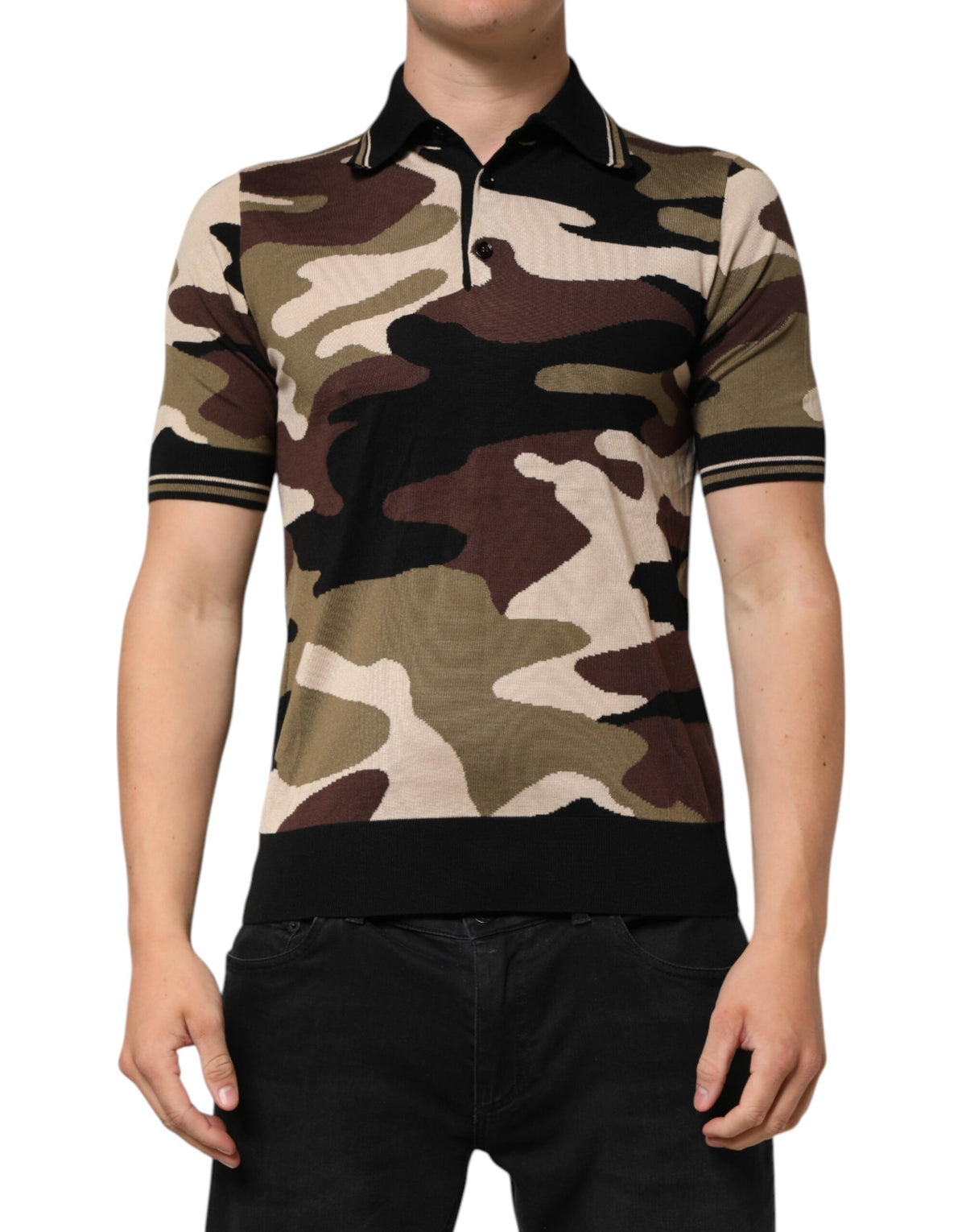 Dolce & Gabbana Camouflage Brown Silk MilitaryPolo T-shirt