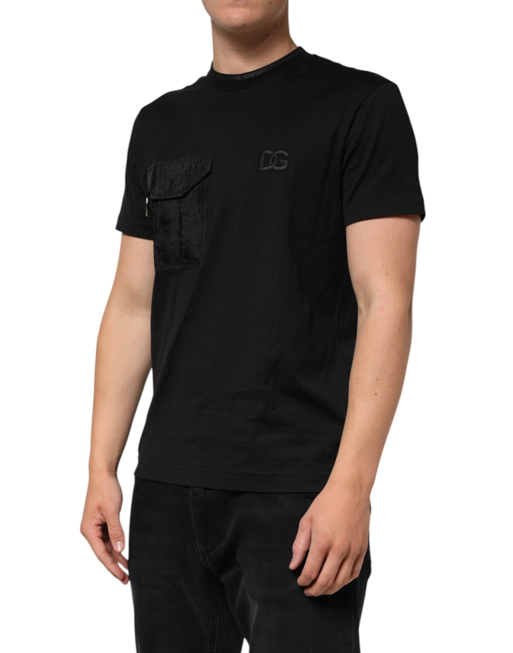 Svart bomulls-T-skjorte med brodert DG-logo og lomme