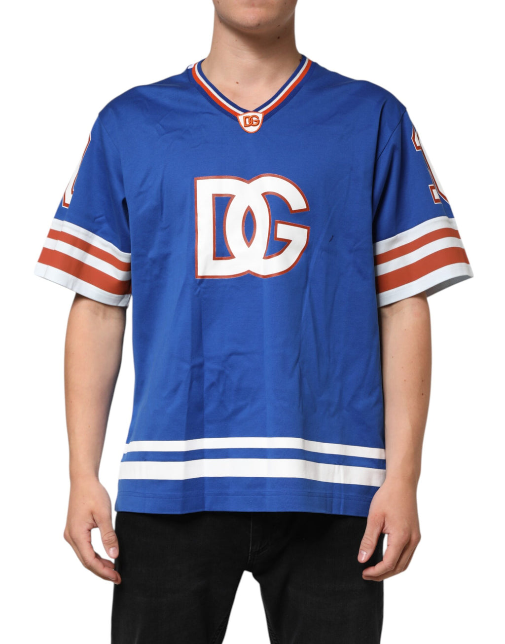 Blå bomulls-DG-logotyp-t-shirt i meshjersey