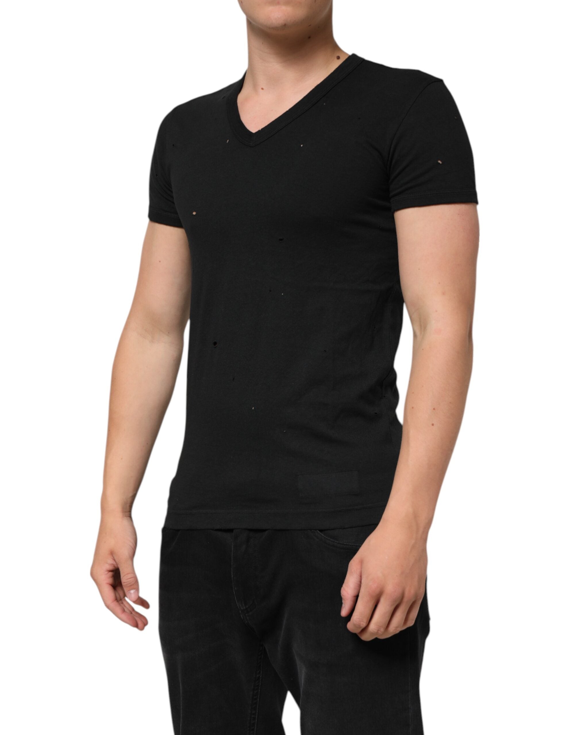 Dolce & Gabbana Black Cotton Tattered Logo V-Neck Men T-shirt