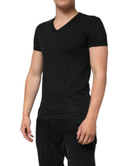 Dolce & Gabbana Black Cotton Tattered Logo V-Neck Men T-shirt