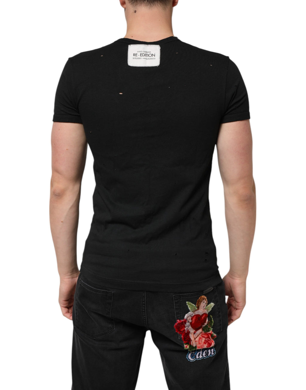Svart bomulls-T-skjorte med v-hals og logo