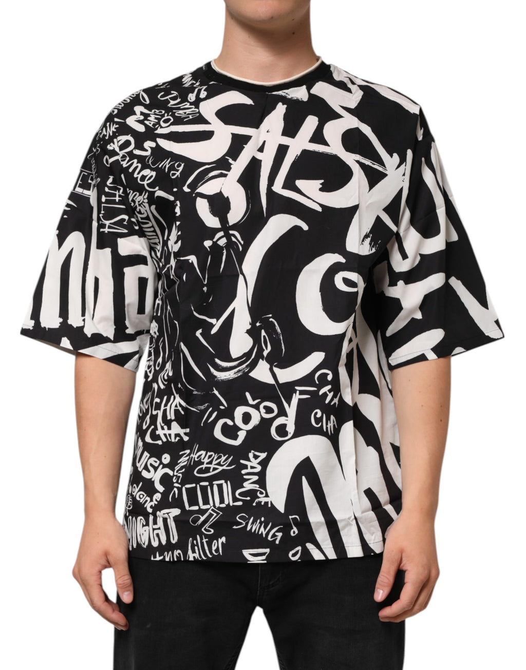 Svart-hvit bomulls-oversized graffiti-t-skjorte