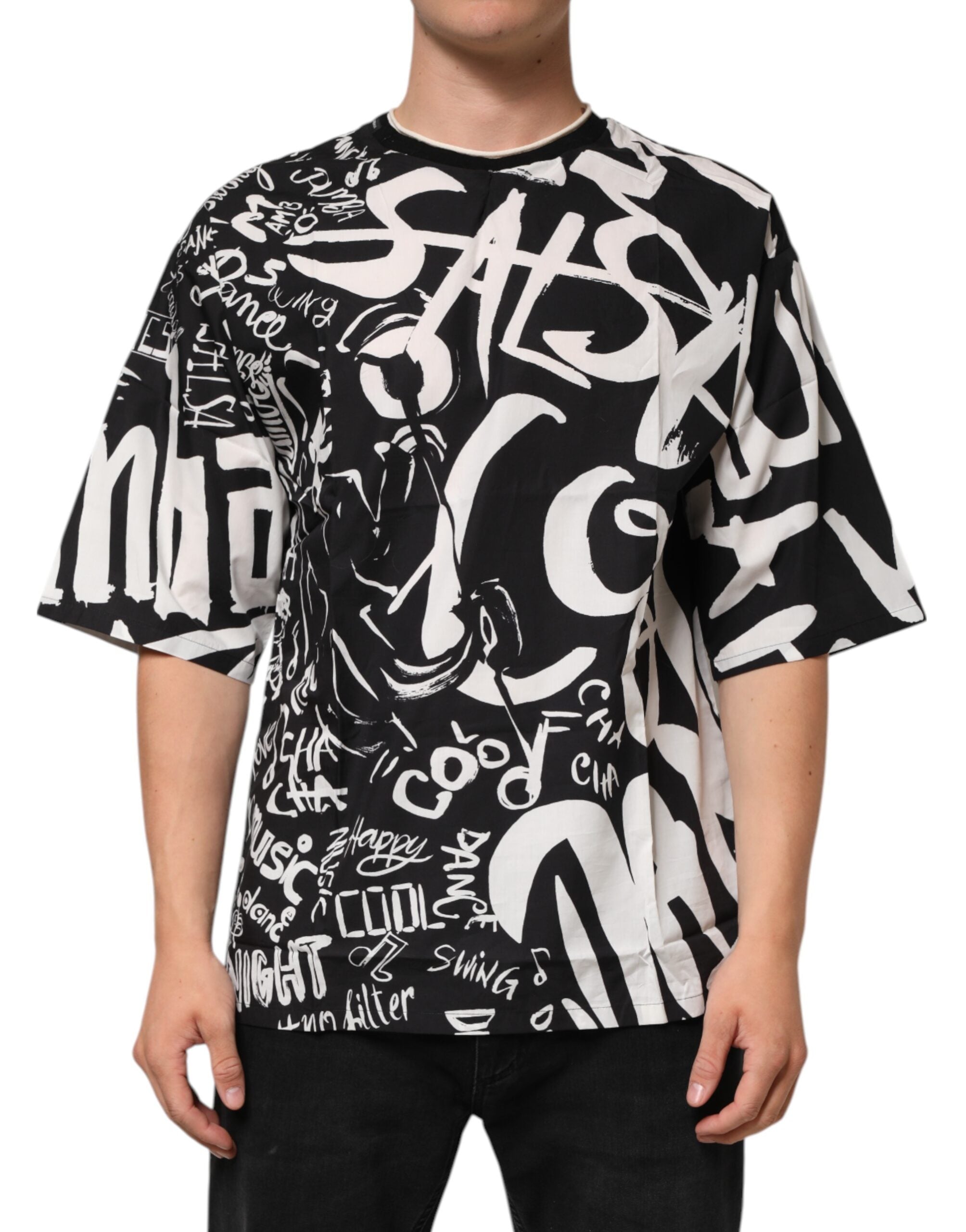 Svart-hvit bomulls-oversized graffiti-t-skjorte
