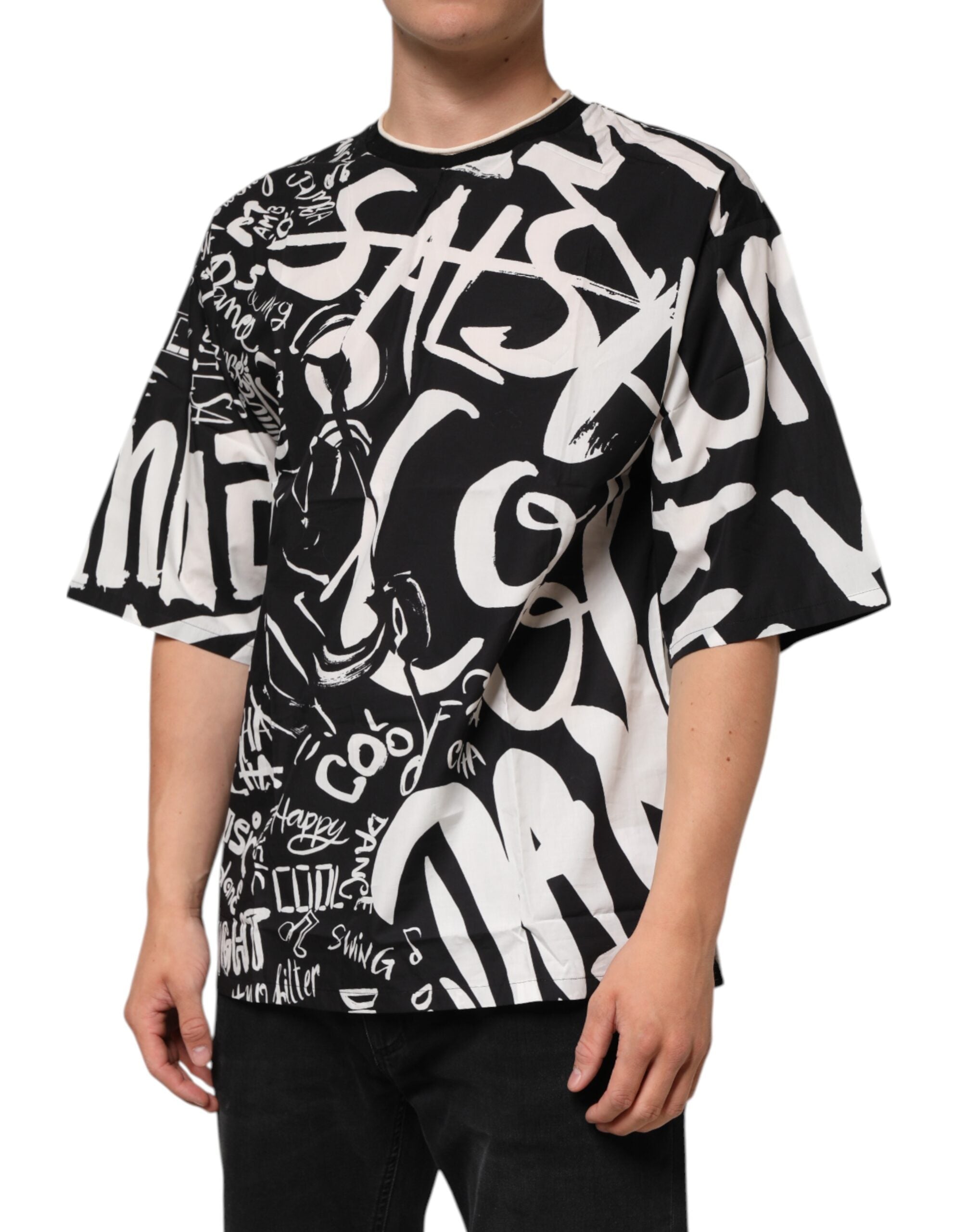 Svart-hvit bomulls-oversized graffiti-t-skjorte