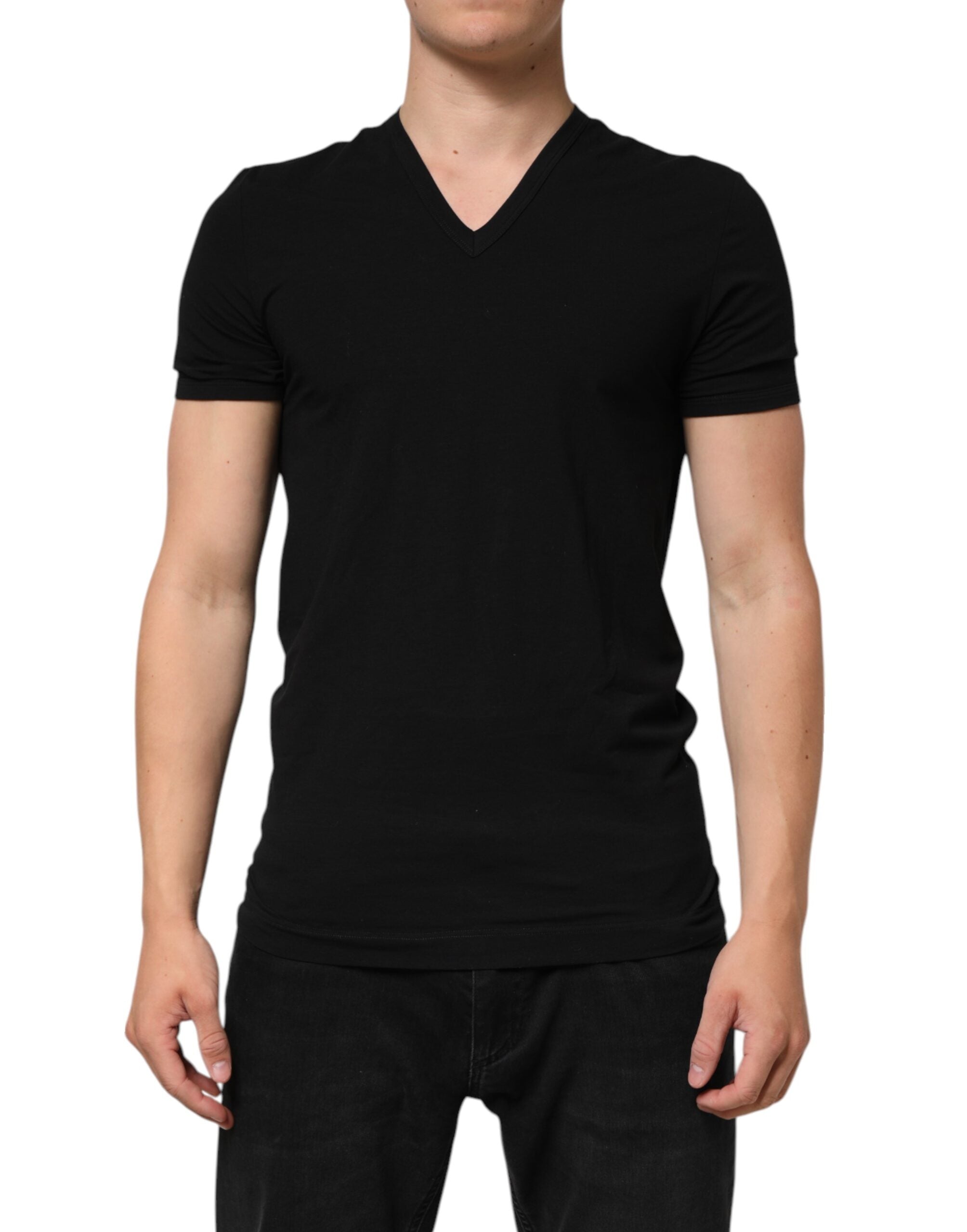 Svart bomulls-T-skjorte med slim fit og V-hals for menn