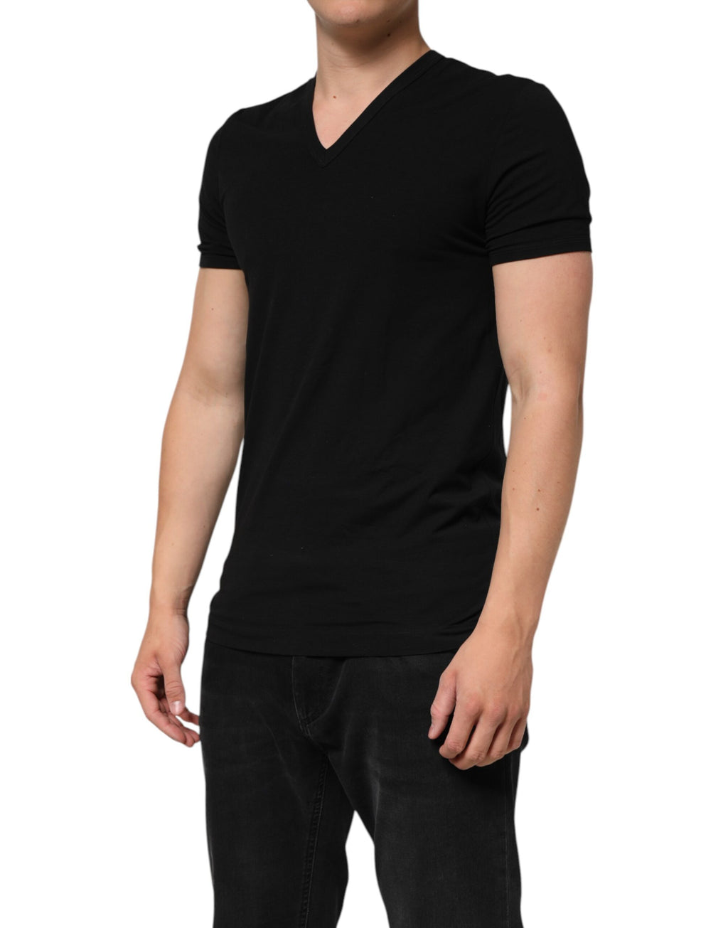 Svart bomulls-T-skjorte med slim fit og V-hals for menn