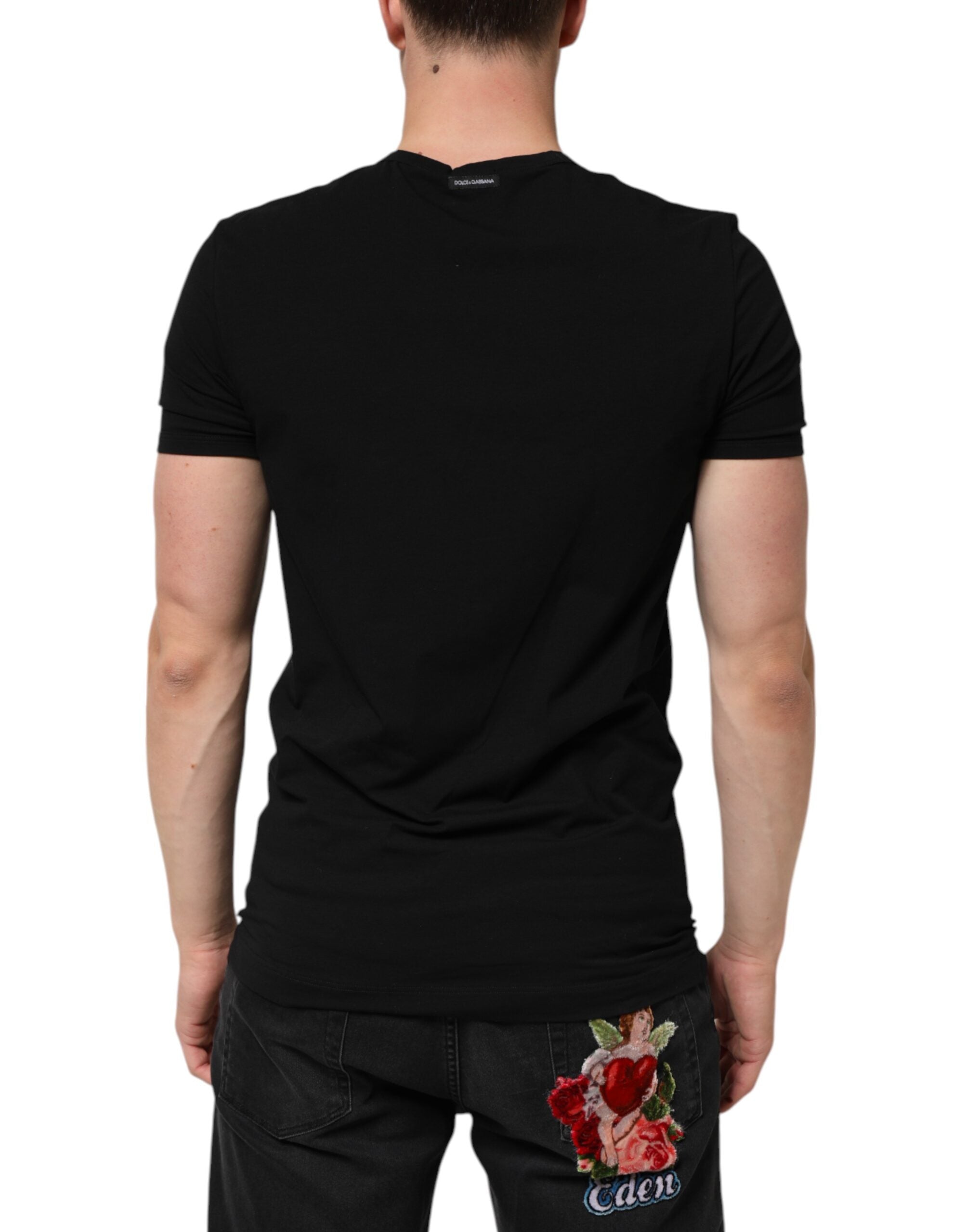 Svart bomulls-T-skjorte med slim fit og V-hals for menn