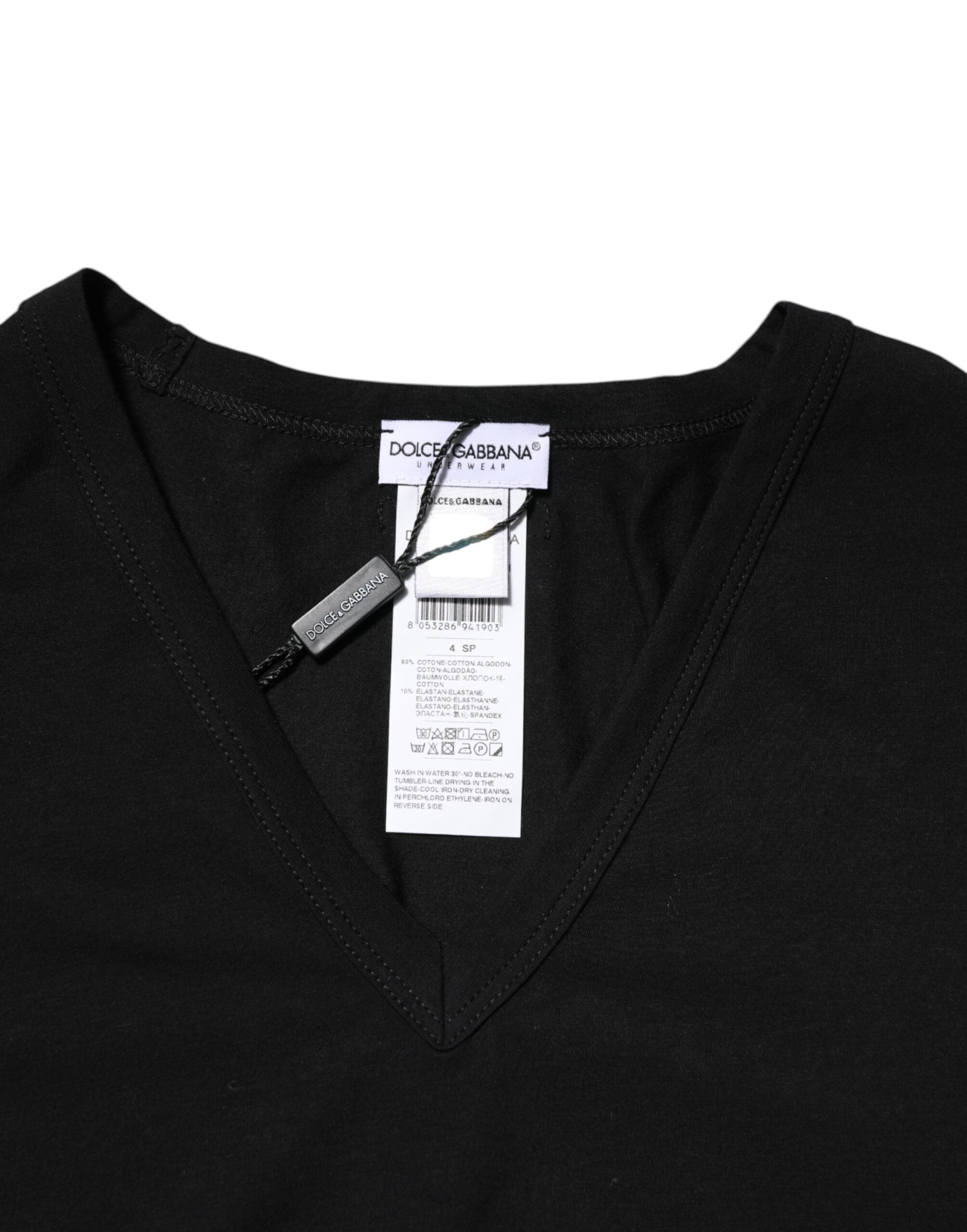 Svart bomulls-T-skjorte med slim fit og V-hals for menn