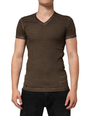 Dolce & Gabbana Dark Brown Cotton Tattered Logo Men T-shirt