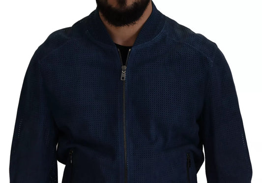 Dolce & Gabbana Blue Leather Perforated Full Zip Jacket