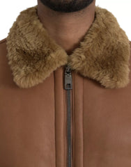 Dolce & Gabbana Brown Leather Fur Button Biker Coat Jacket