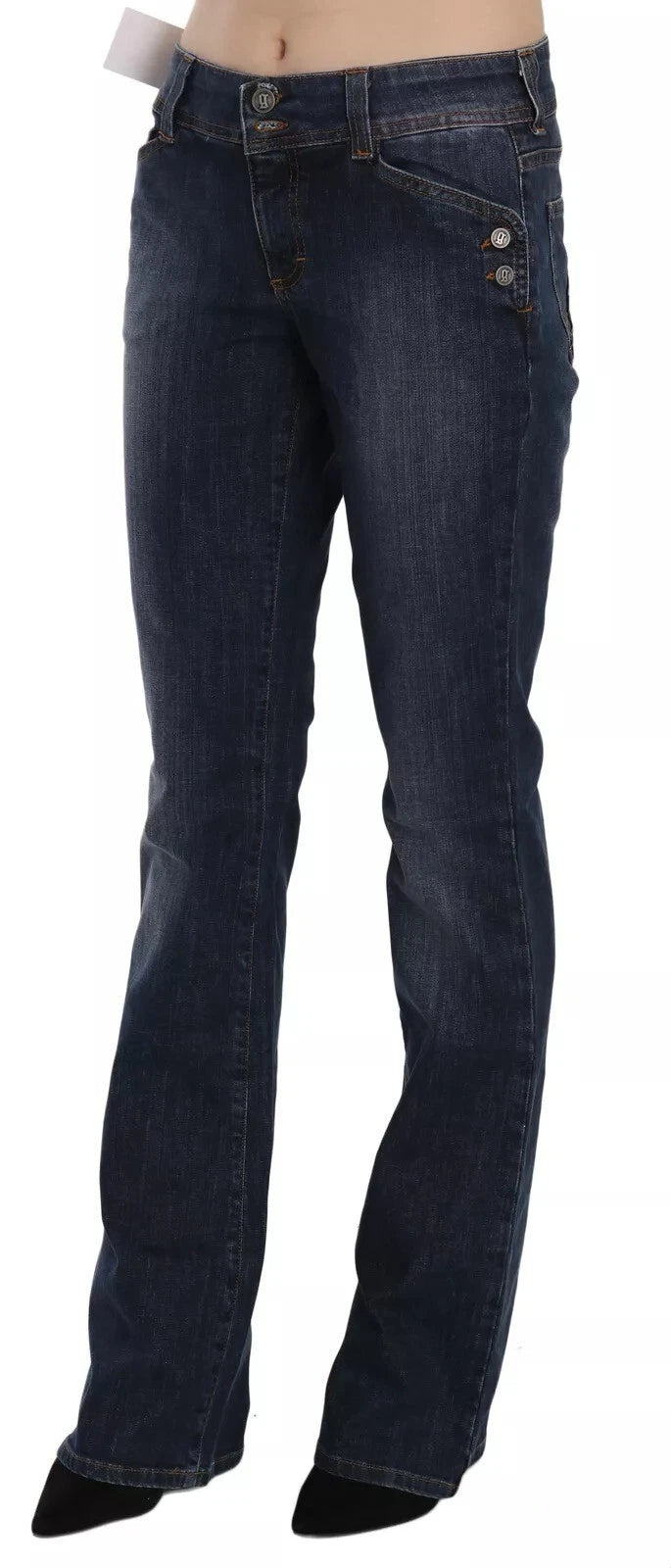 Blå tvättade jeans med utsvängd denim och medelhög midja 