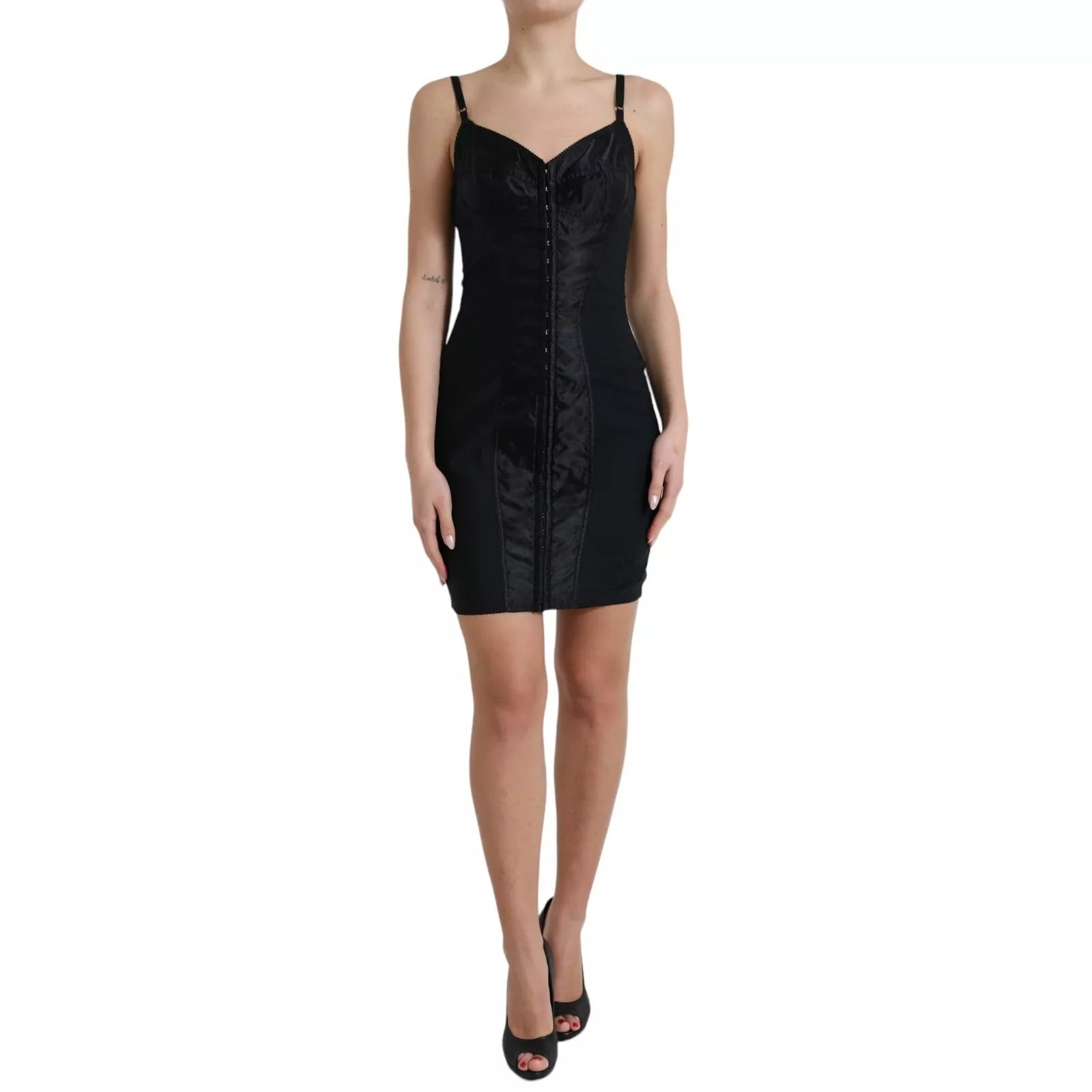 Svart nylon bodycon korsett bustier miniklänning