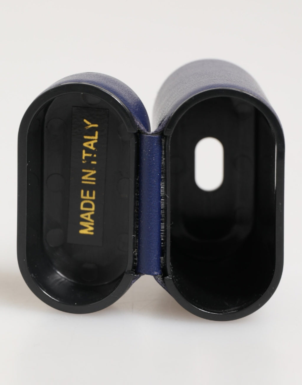 Blått skinndeksel med logotrykk og flip-holder til Airpods-tilbehør til menn
