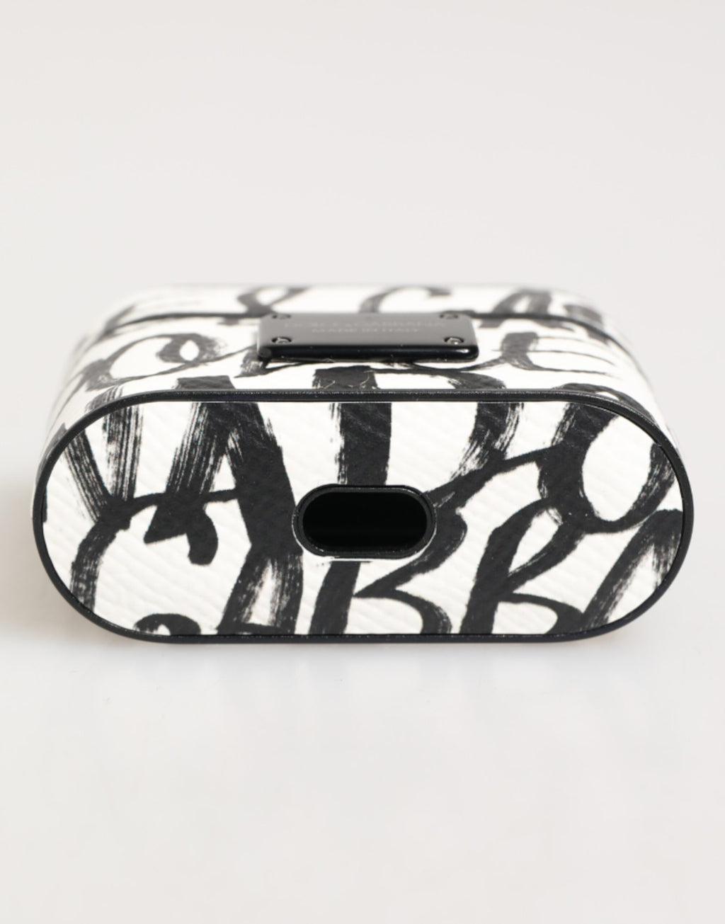 Svart-hvitt skinn med monogramtrykk og logo, Airpods-deksel