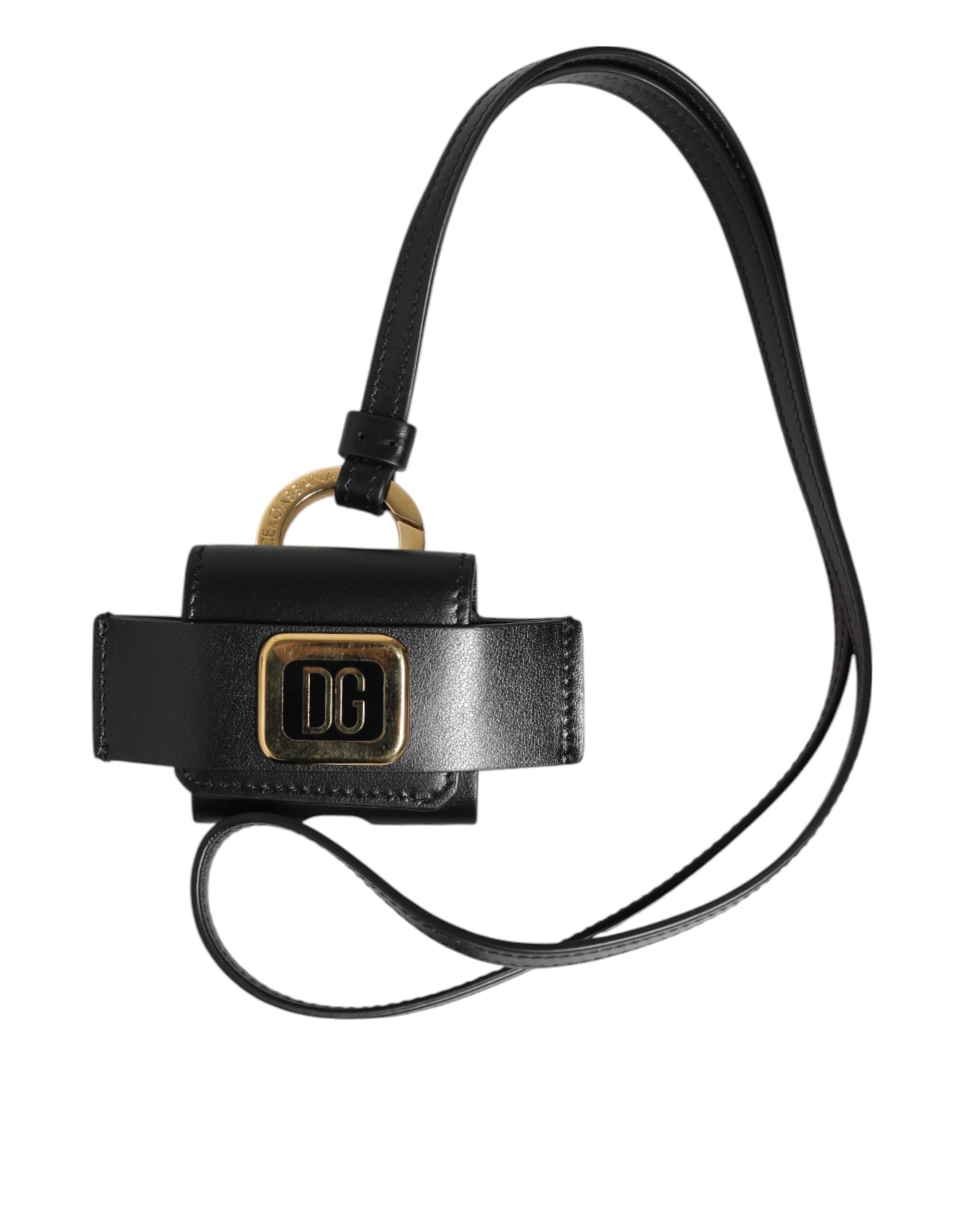 Dolce & Gabbana Black Leather Strap Gold Metal DG Logo Plaque Airpods Case