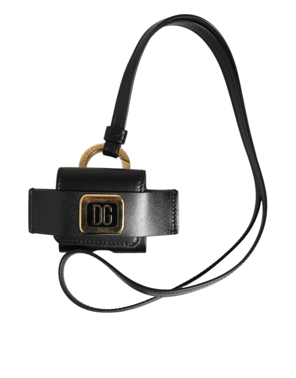 Svart skinnrem, gullfarget metall DG-logoplakett, Airpods-deksel