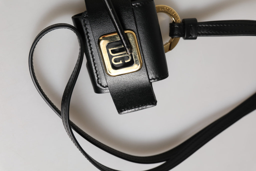 Svart skinnrem, gullfarget metall DG-logoplakett, Airpods-deksel