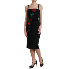 Dolce & Gabbana Black Wool Sleeveless Rose Applique Dress