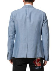 Dolce & Gabbana Light Blue Linen Double Breasted Men Jacket Blazer