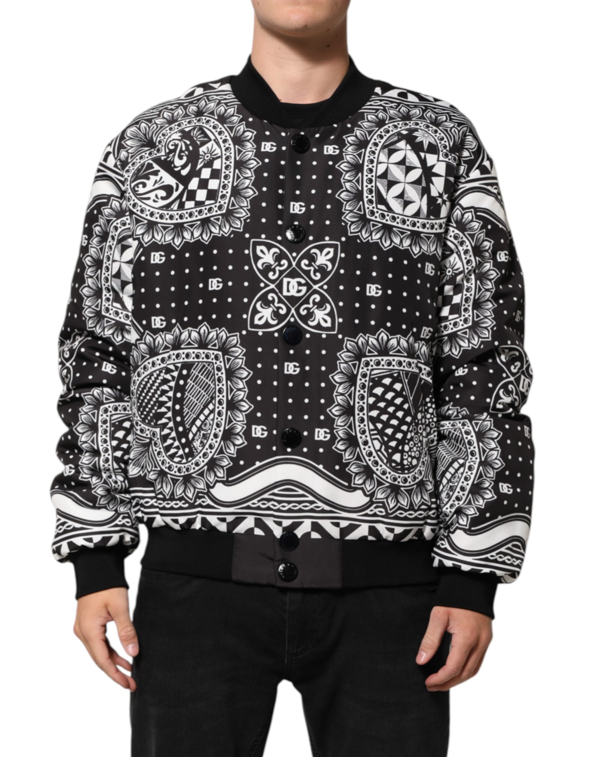 Dolce & Gabbana Black White Bandana Print Bomber Jacket