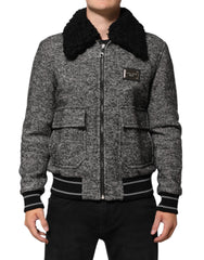 Dolce & Gabbana Gray Wool Herringbone Shearling Collar Bomber Jacket