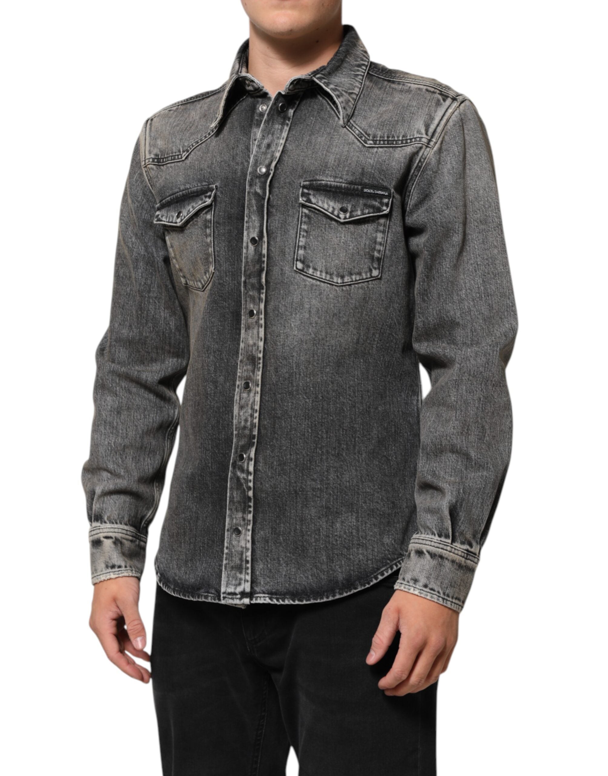 Dolce & Gabbana Black Washed Cotton Snap Long Sleeve Casual Shirt