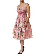 Dolce & Gabbana Pink Cotton Floral Pleated Sleeveless Dress