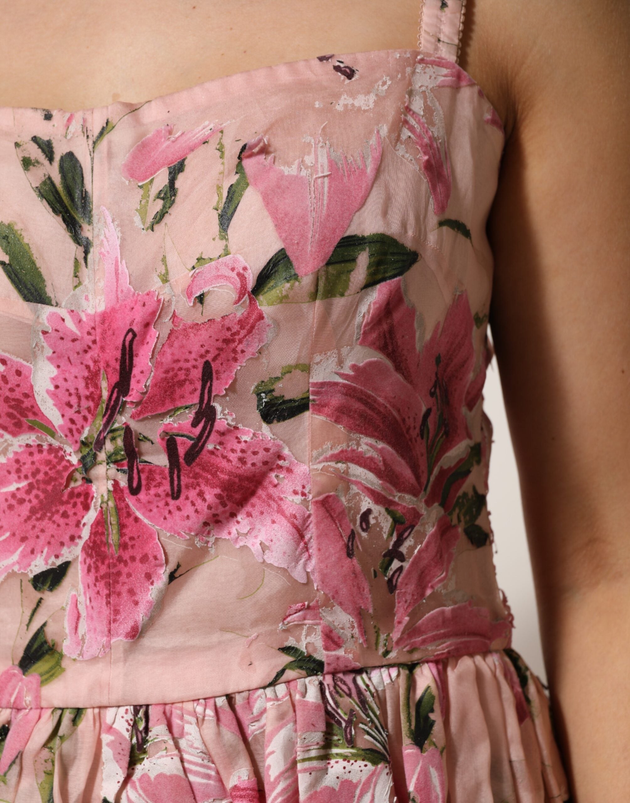 Rosa Ärmlös Plisserad Blommig Klänning i Bomull