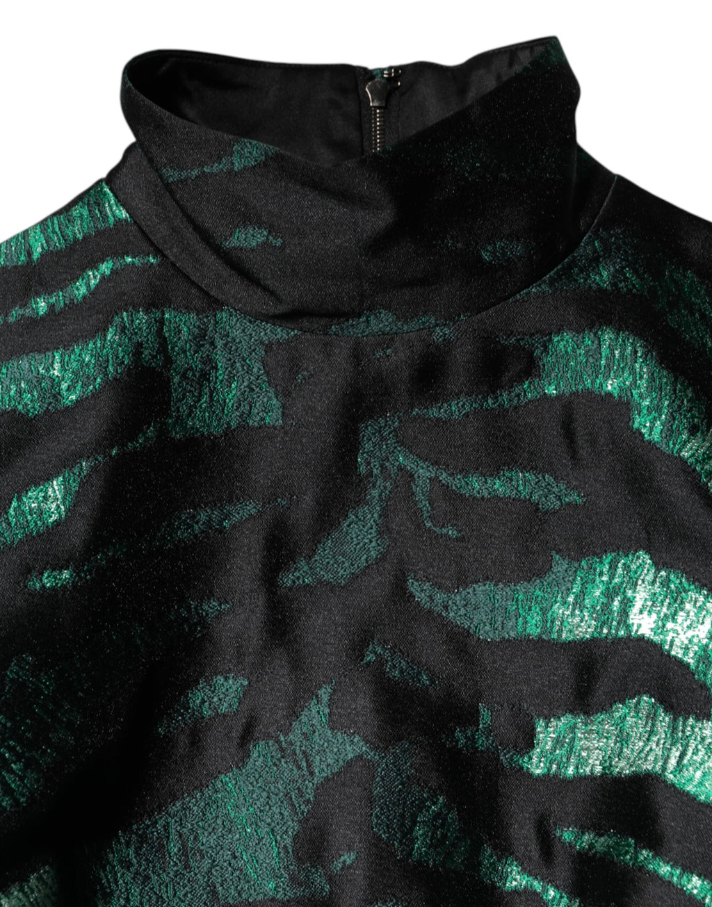 Svartgrønn metallisk jacquard minilang kjole