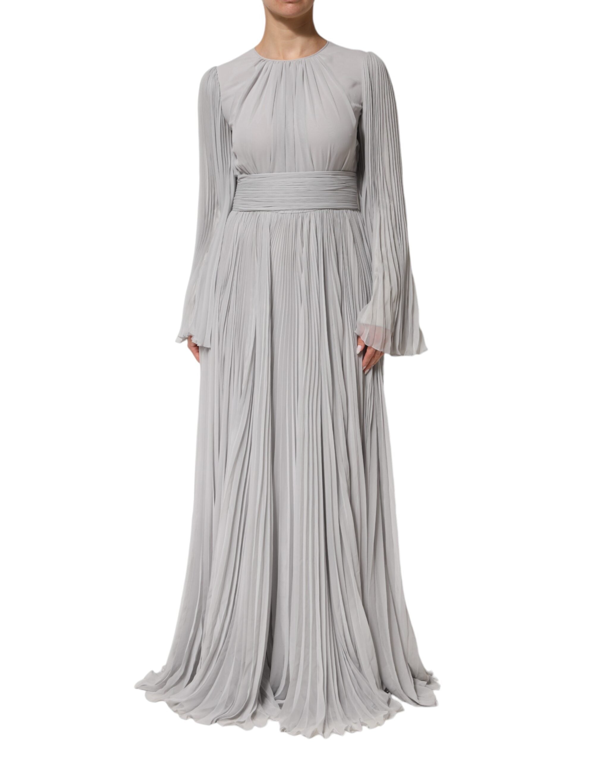 Dolce & Gabbana Grey Pleated Maxi Long Sleeve Silk Blend Gown Dress