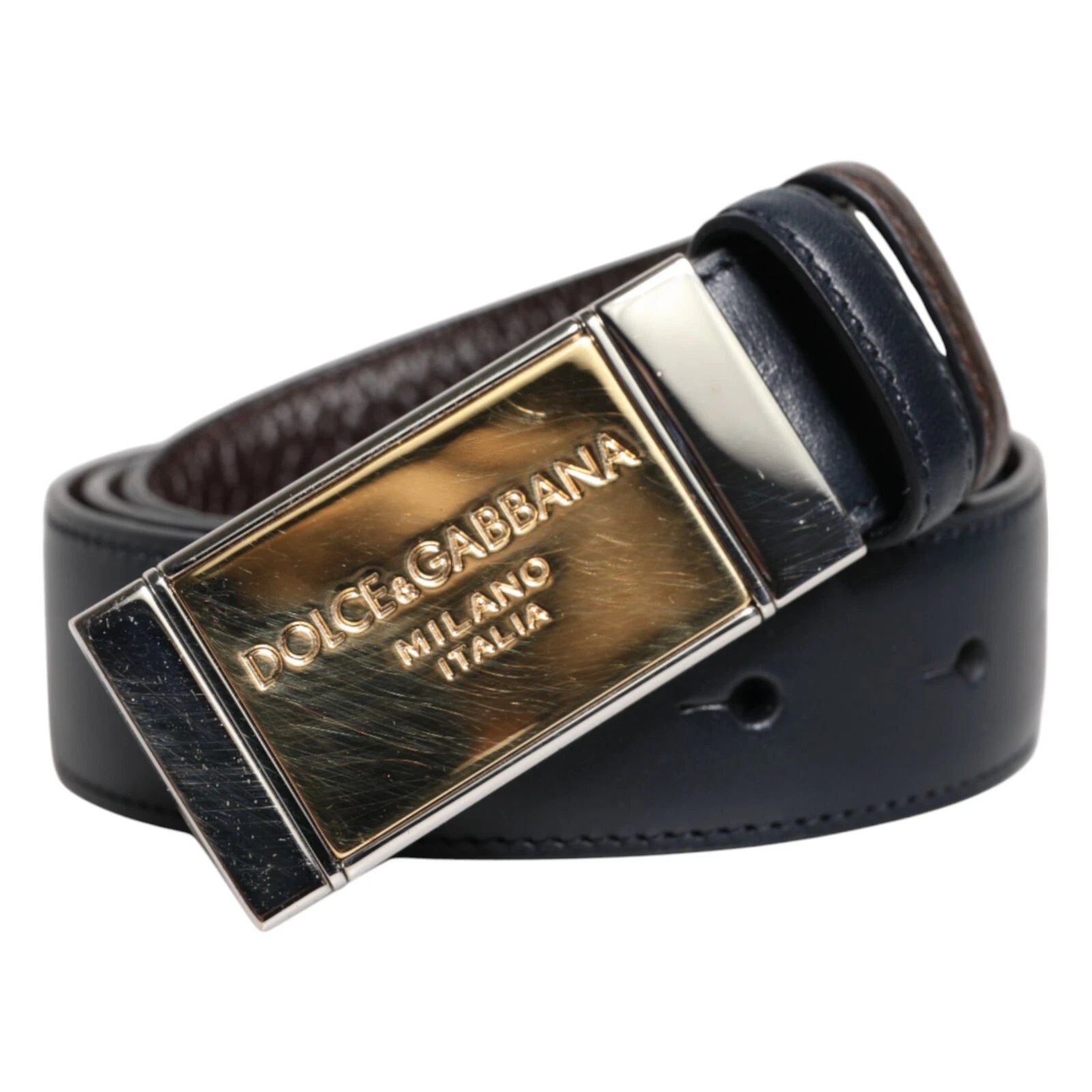 Dolce & Gabbana Blue Brown Leather Buckle Reversible Belt
