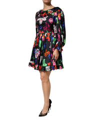 MSGM Dress Black Multicolor Floral Ruffle Long Sleeve Mini Dress