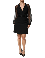 Emporio Armani Black Sheer Sleeve Belted V-Neck Mini Dress
