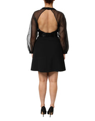 Emporio Armani Black Sheer Sleeve Belted V-Neck Mini Dress
